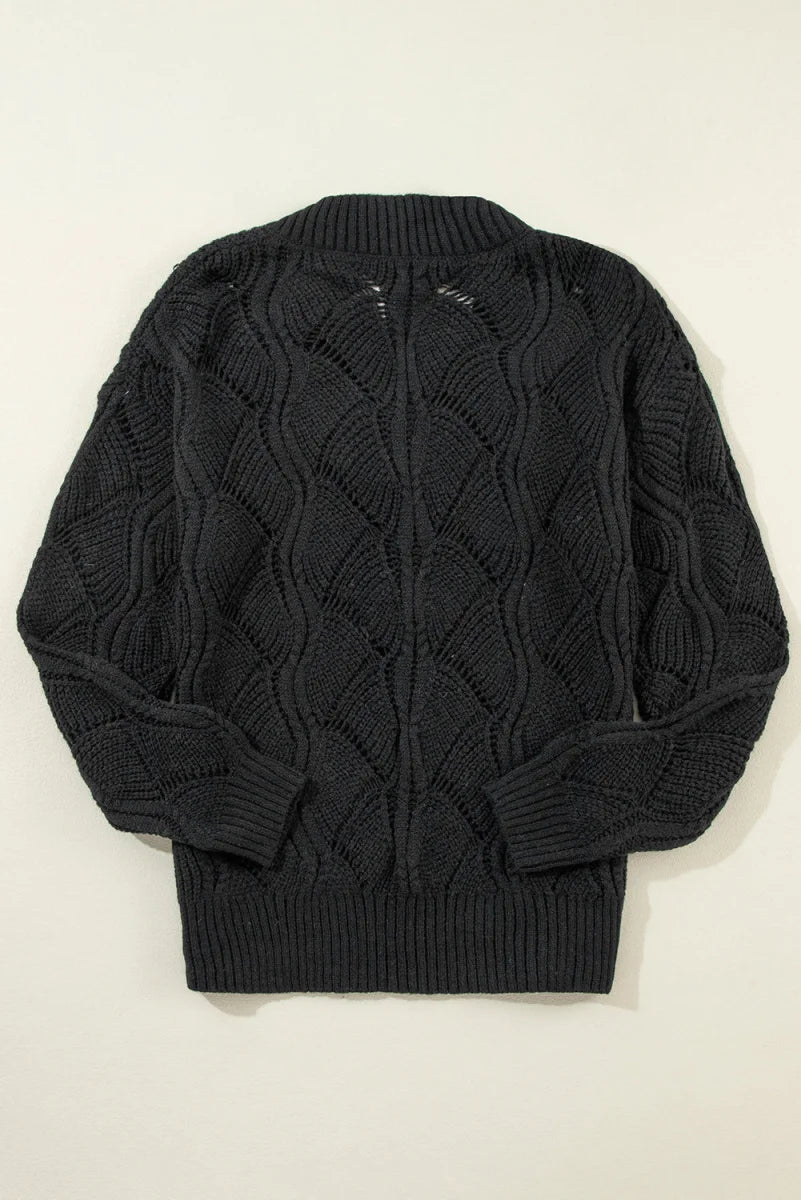 Schwarzer Damen Lochstrickpullover mit V-Ausschnitt – Detailansicht 4
