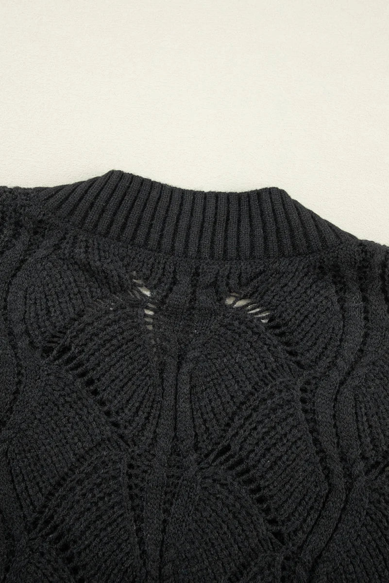 Schwarzer Damen Lochstrickpullover mit V-Ausschnitt – Detailansicht 5