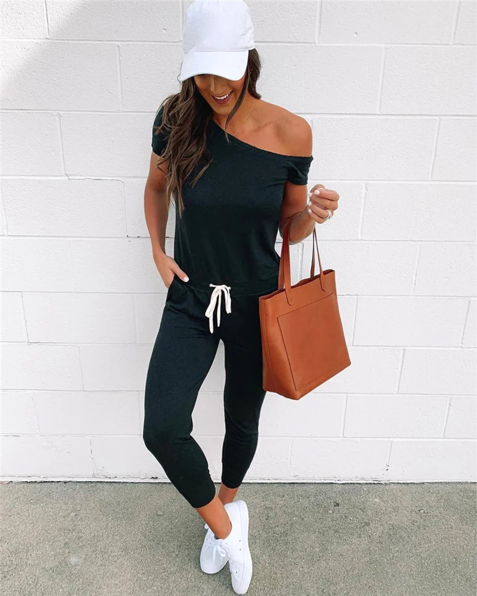 Damen Off-Shoulder Jumpsuit mit Taschen – Detailansicht 1