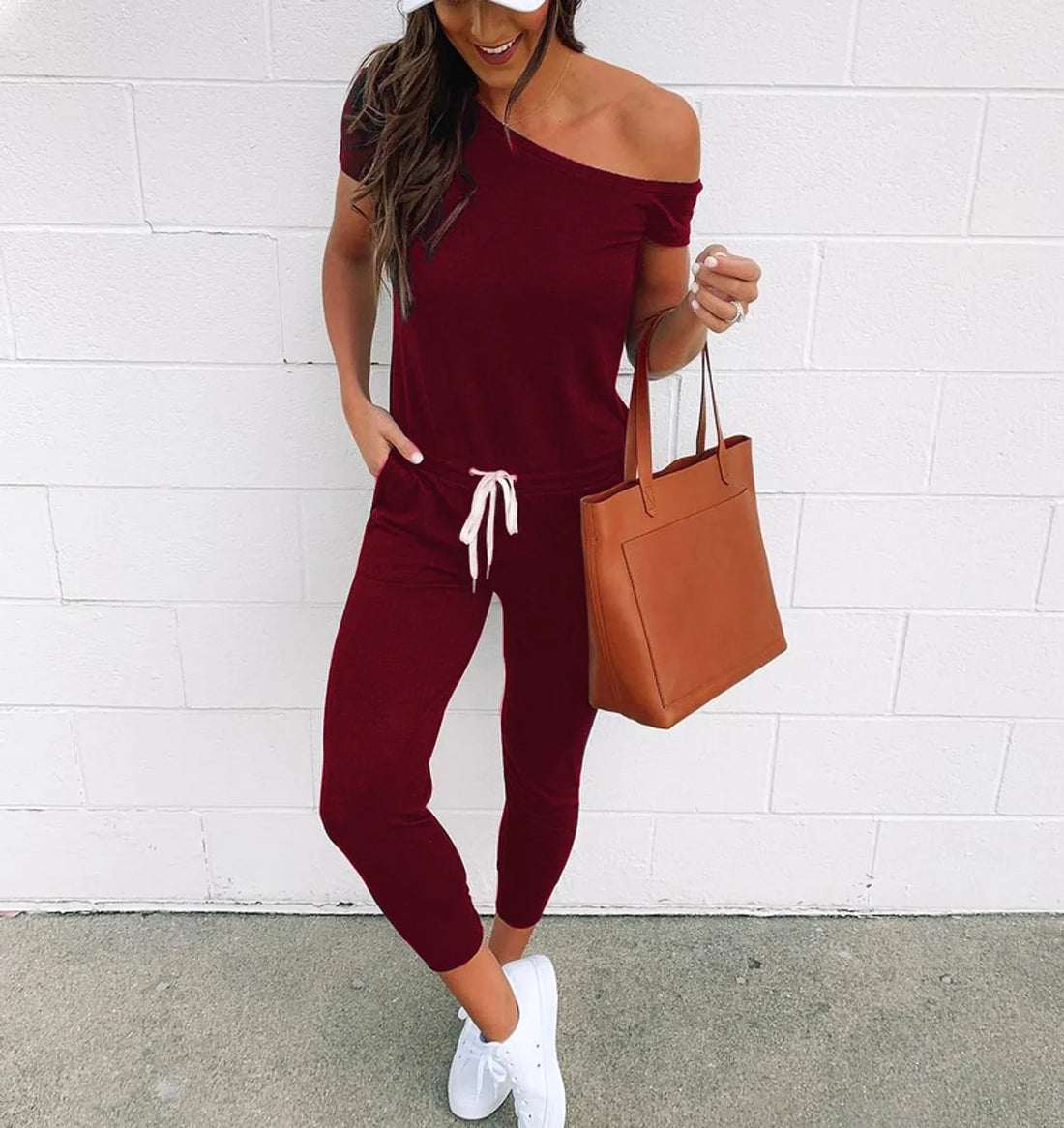 Damen Off-Shoulder Jumpsuit mit Taschen – Detailansicht 5