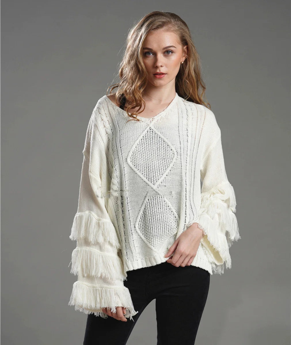 Damen Pullover mit Fransen, locker geschnitten – Detailansicht 5