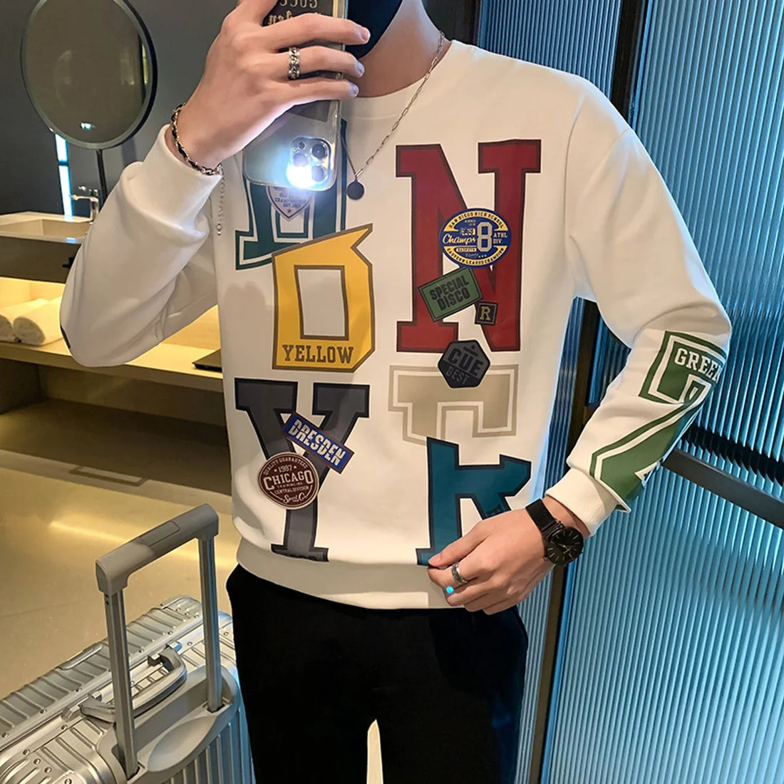 Herren gefüttertes Samt-Sweatshirt mit Rundhals – Detailansicht 4