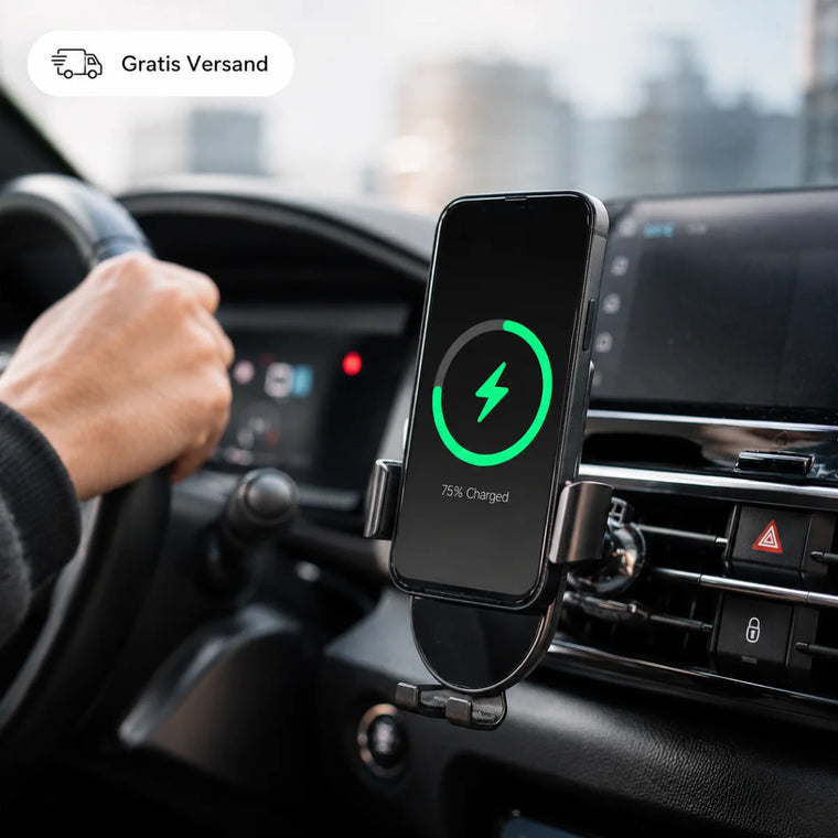 Auto-Handyhalterung mit ladendem Smartphone am Lüftungsgitter