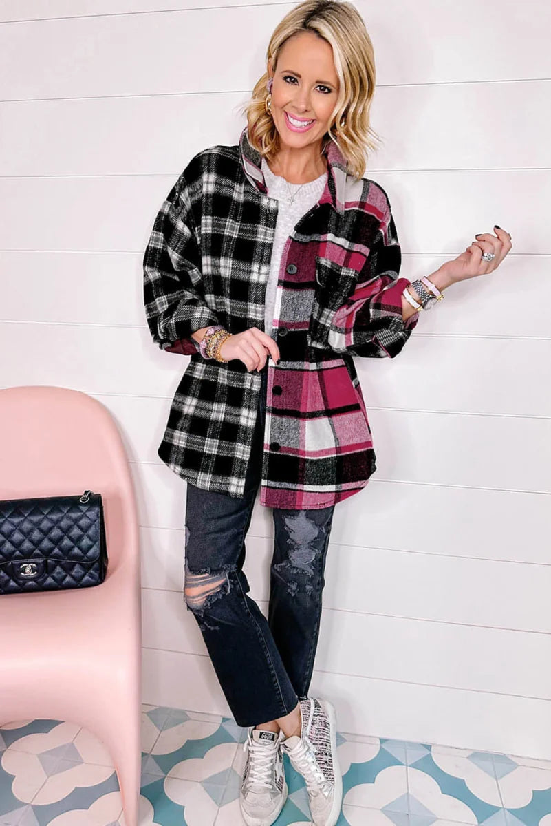 Karierte Oversize-Hemdjacke in Schwarz – Detailansicht 5