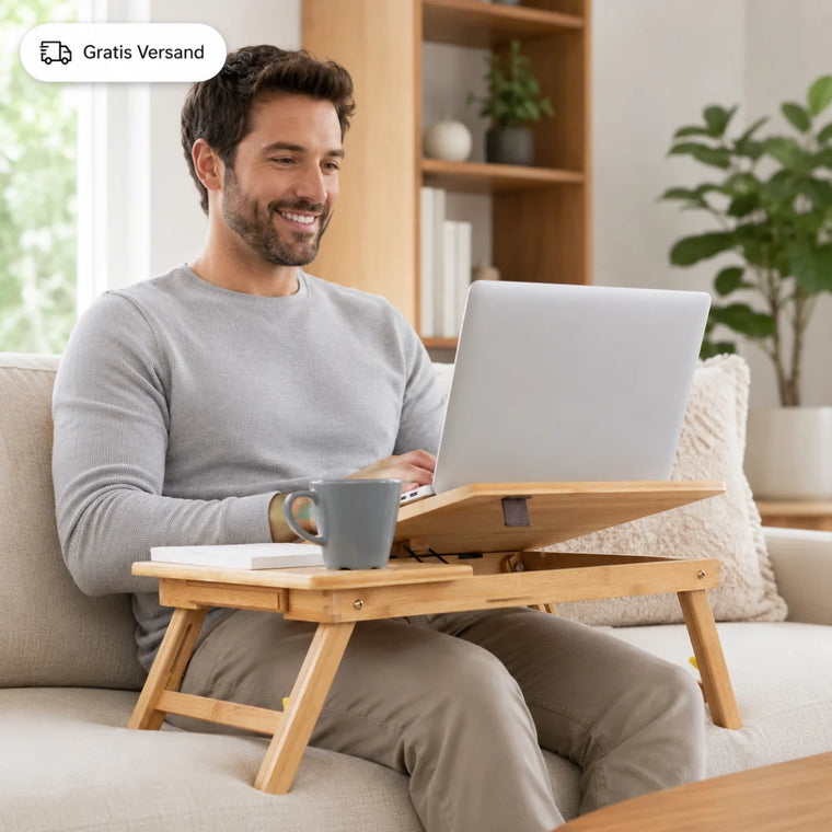 Bambus-Laptoptisch mit Notebook bei der Nutzung auf dem Sofa
