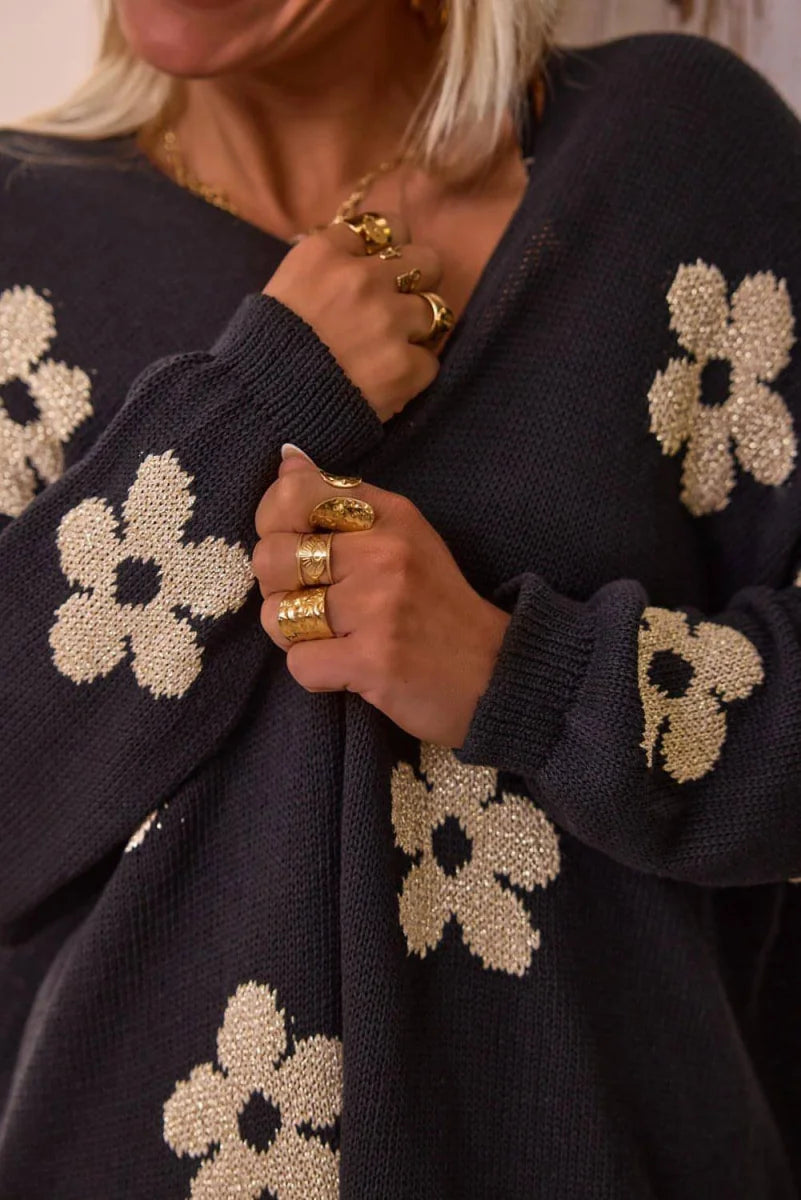 Schwarzer Damen Cardigan mit Blumenprint – Detailansicht 5