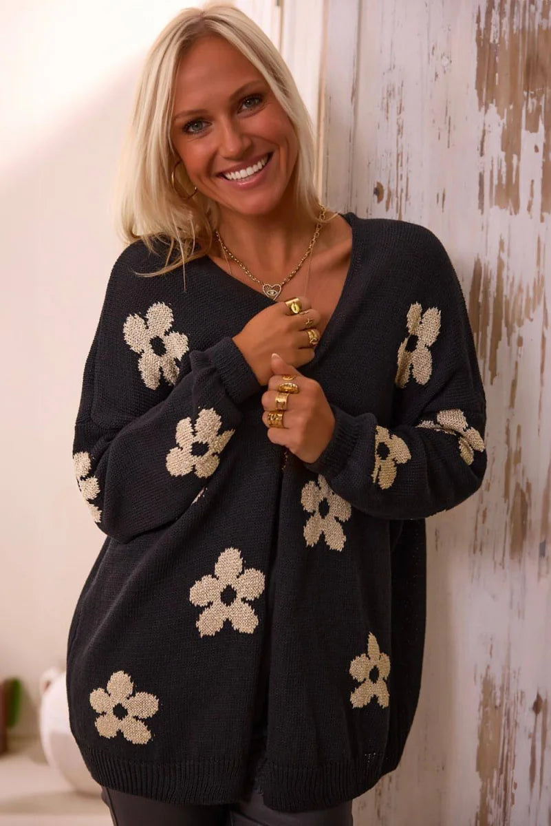 Schwarzer Damen Cardigan mit Blumenprint – Detailansicht 2