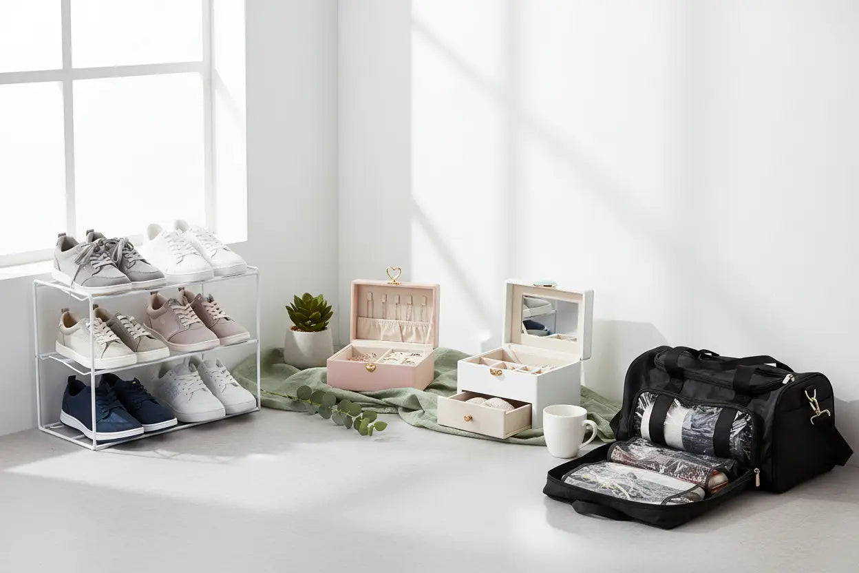Schuhregal, Schmuckkästchen und Reisetaschen als Aufbewahrungsideen