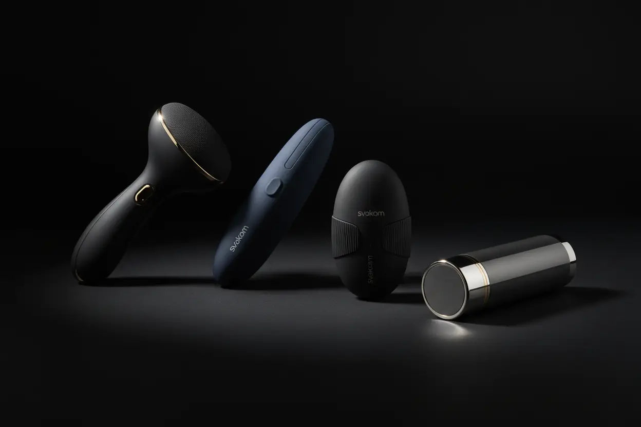 Premium Masturbatoren auf schwarzem Hintergrund – Satisfyer Men Wand, Svakom und Satisfyer Men Vibration in elegantem modernem Design
