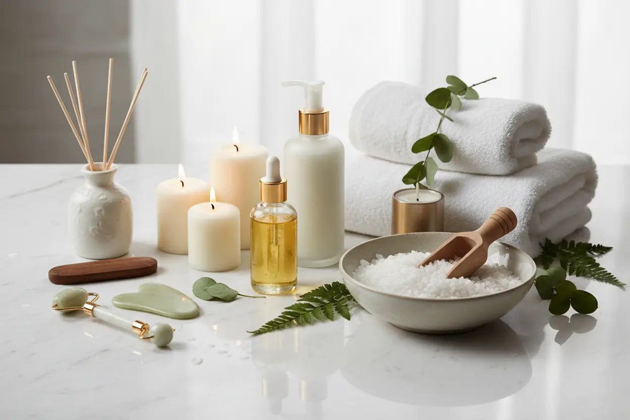 Handtücher, Kerzen, Pflegeflaschen und Schale mit Badesalz