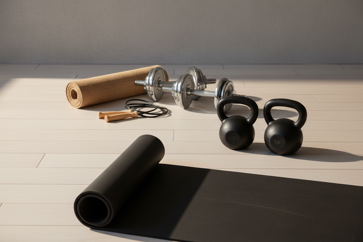 Hochwertige Fitnessgeräte mit Yoga-Matte, Kettlebells, Widerstandsbändern und Massagerolle auf Bambusholz