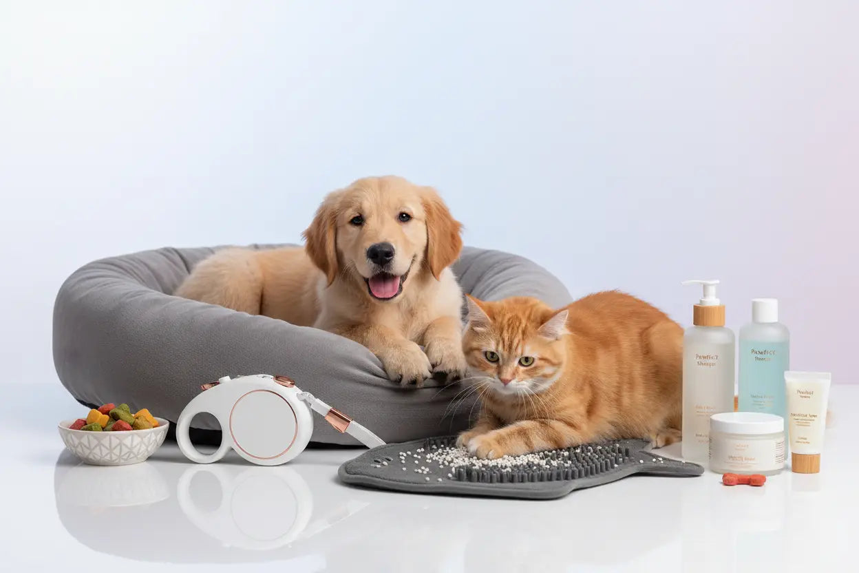 Vier Haustiere: zwei Hunde und zwei Katzen