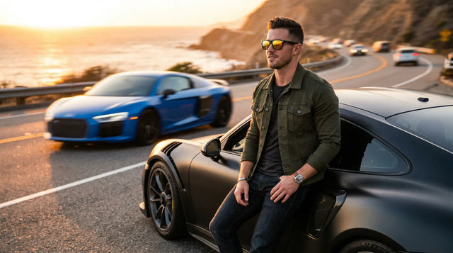 Mann mit Sonnenbrille an einer Küstenstraße