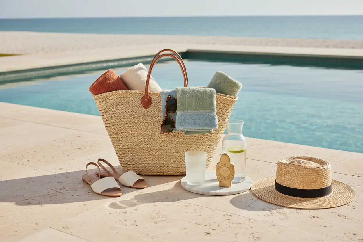 Strandtasche mit Handtüchern, Sonnenbrille, Sandalen und Sonnenhut am Pool