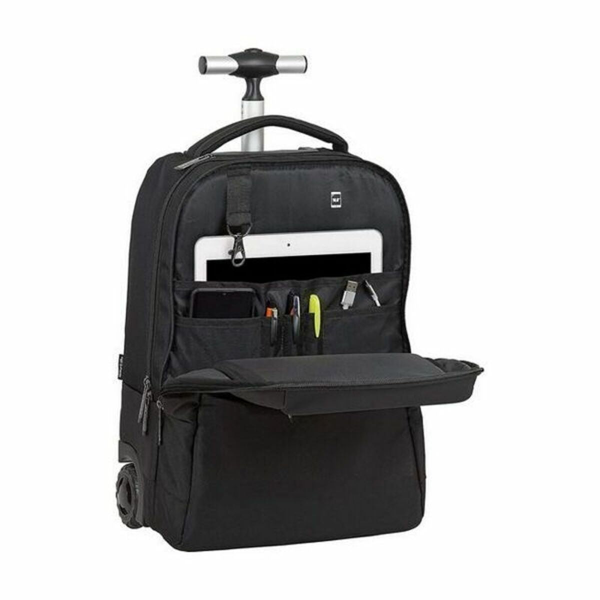 Schwarzer rolling backpack mit offener Fronttasche, Trolley Safta M144B, ideal für Laptop