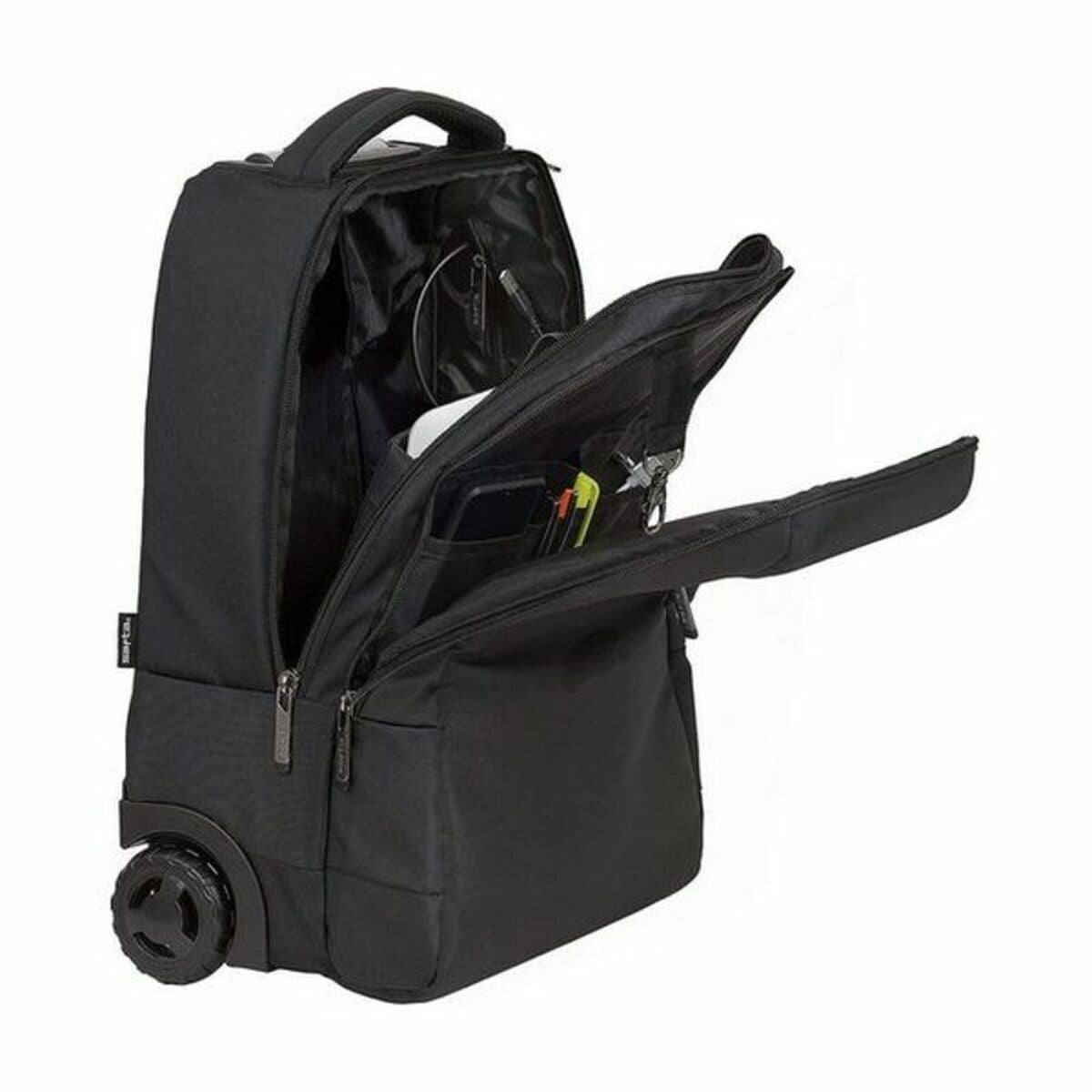 Schwarzer rollender Rucksack mit offenen Fächern, Trolley Safta M144B, Laptop Trolley Safta