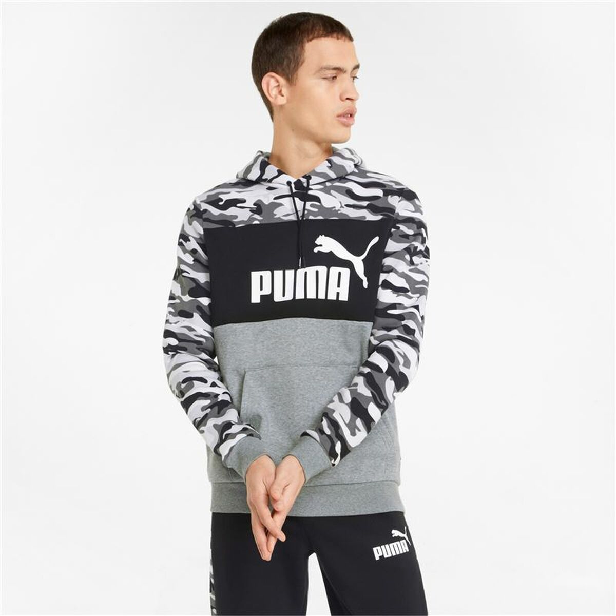 Herren Sweater mit Kapuze Puma ESS Camo Schwarz Grau Weiß Tarnfarbe - AWK Flagship