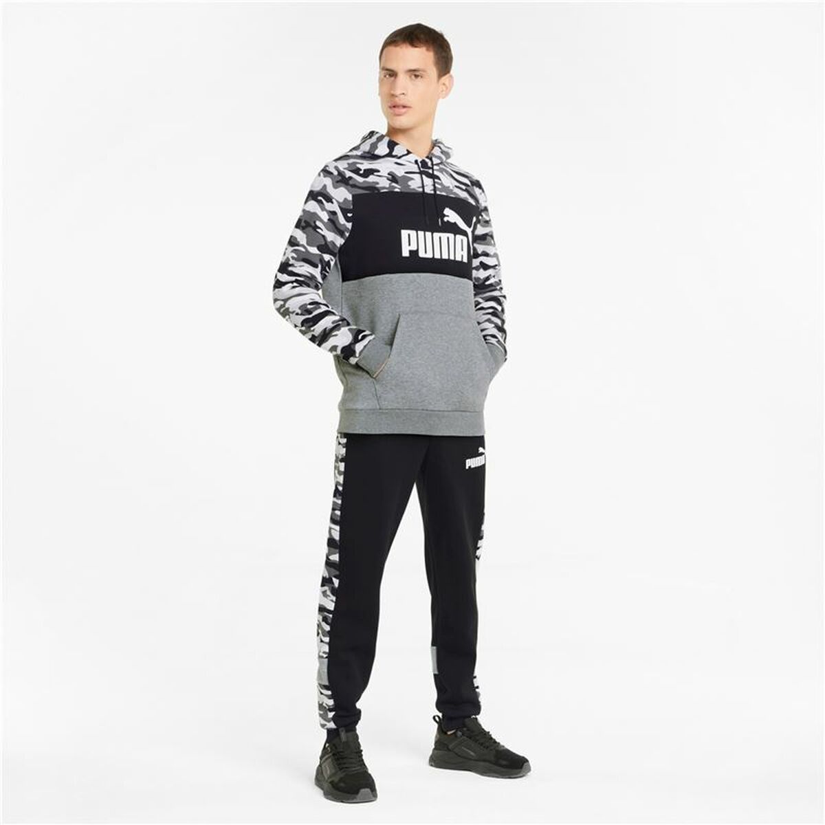 Herren Sweater mit Kapuze Puma ESS Camo Schwarz Grau Weiß Tarnfarbe - AWK Flagship