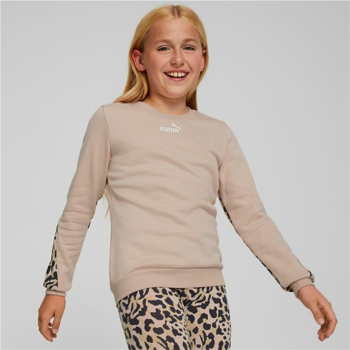 Sweatshirt ohne Kapuze für Mädchen Puma Alpha Crew Neck Beige Leopard Rosa - AWK Flagship