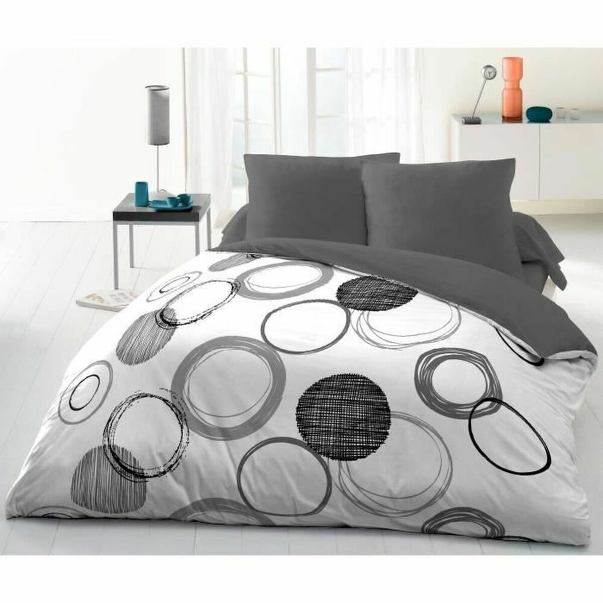 Bettwäsche-Set HOME LINGE PASSION Weiß Kreise Hellgrau 220 x 240 cm - AWK Flagship