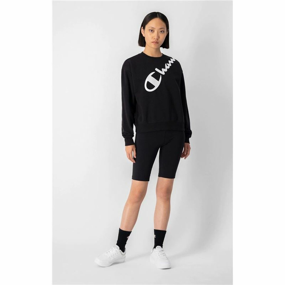 Damen Sweater ohne Kapuze Champion Diagonal Logo Schwarz - AWK Flagship