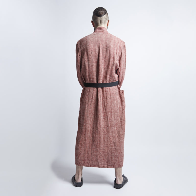 Herrenbademantel aus Leinen – Rot Fishbone – Detailansicht 1