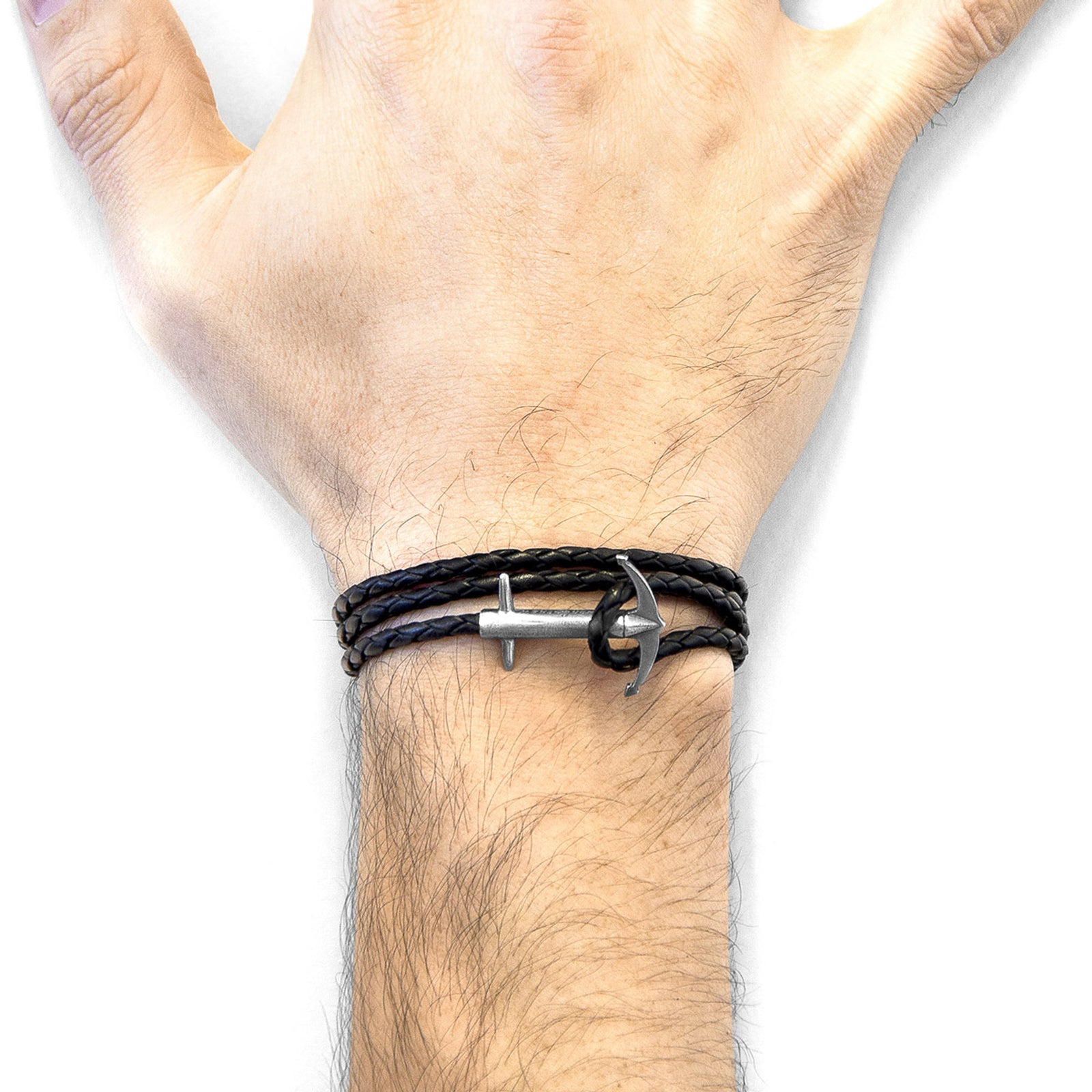 Admiral Anchor Silberarmband aus geflochtenem Leder – Kohlschwarz – Produktansicht 2