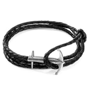Admiral Anchor Silberarmband aus geflochtenem Leder – Kohlschwarz
