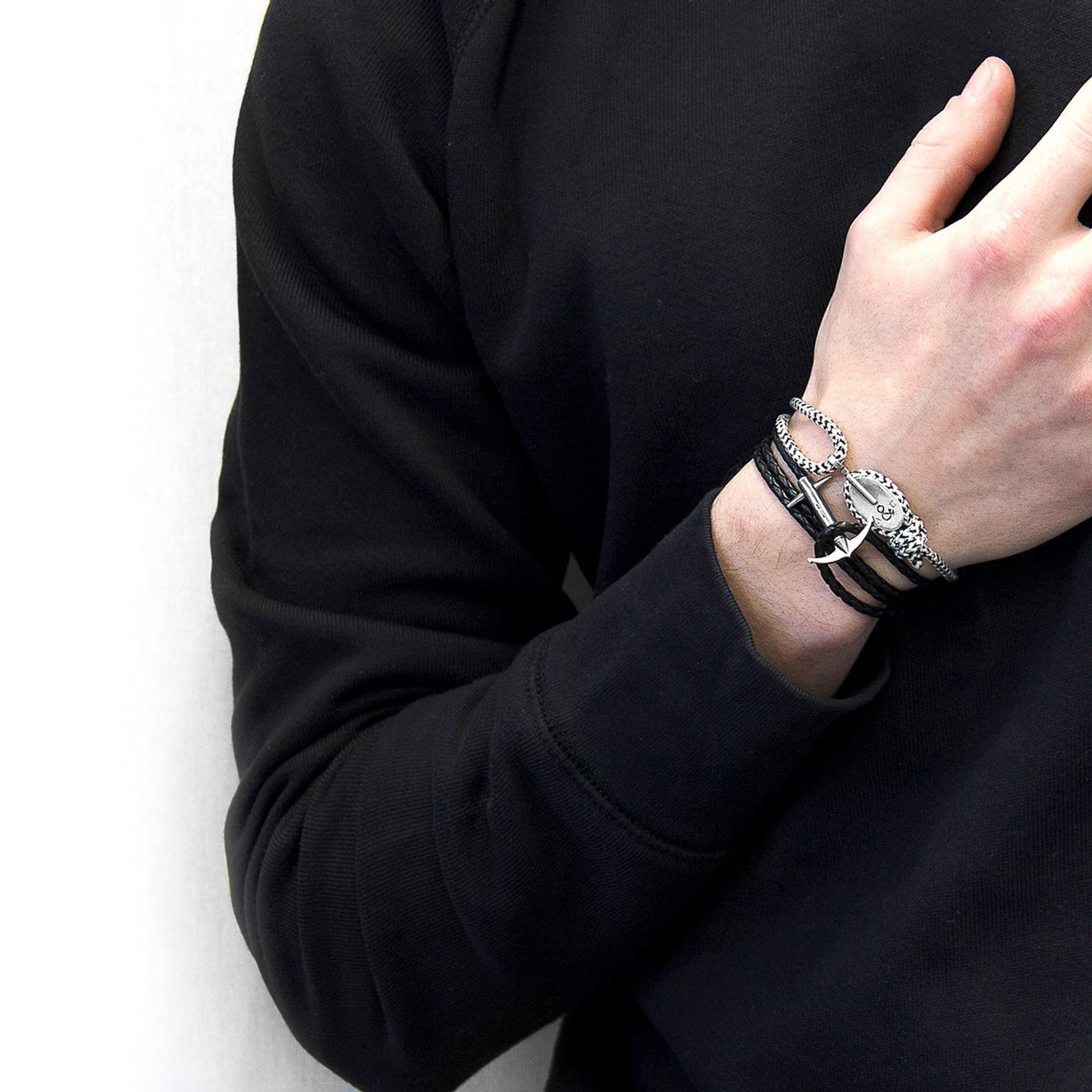 Admiral Anchor Silberarmband aus geflochtenem Leder – Kohlschwarz – Produktansicht 3