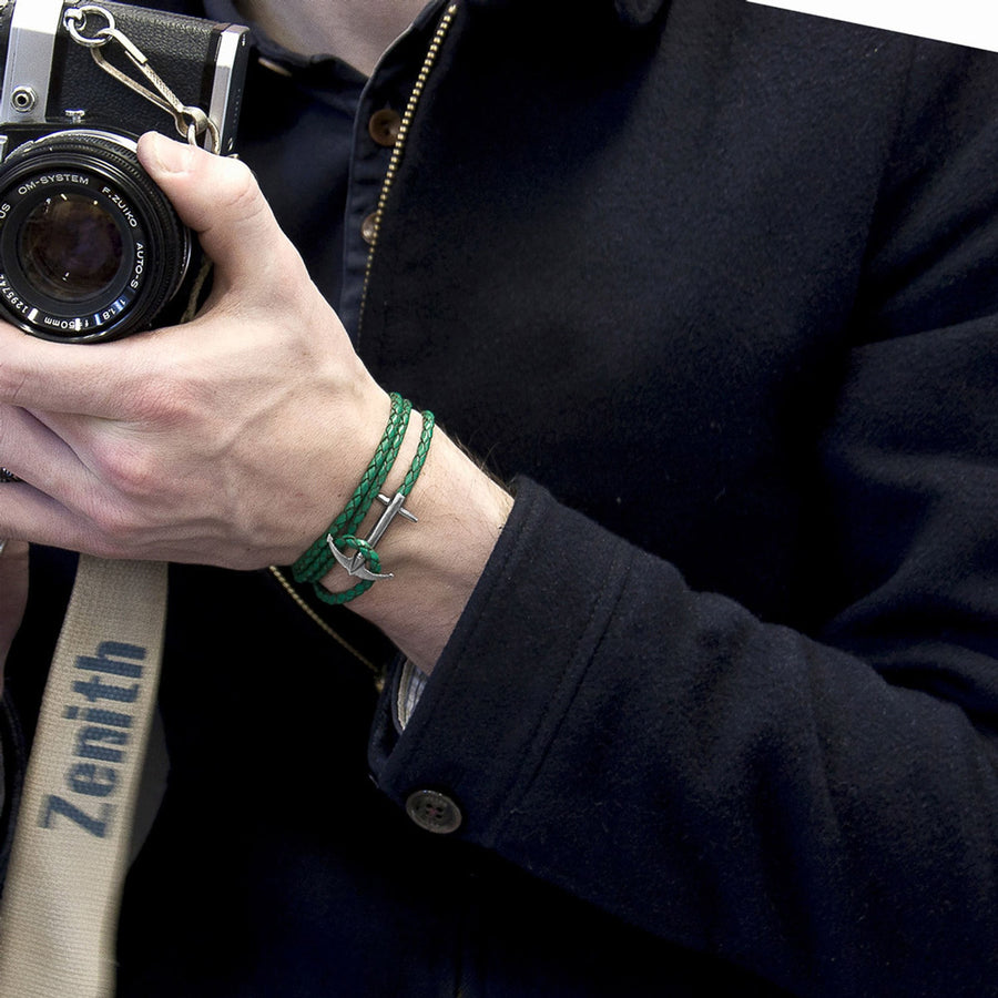Admiral Anchor Silberarmband aus geflochtenem Leder – Farngrün