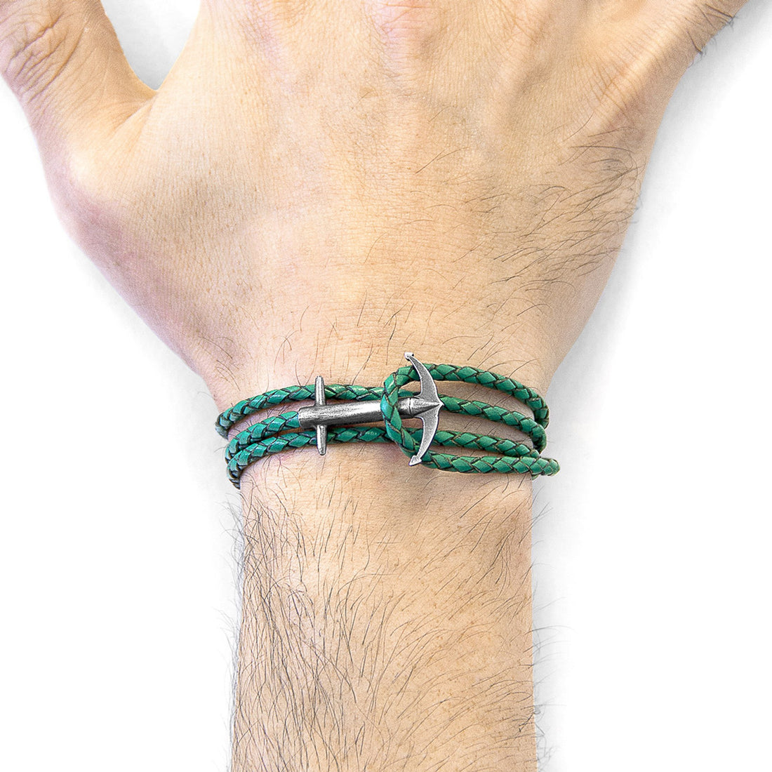 Admiral Anchor Silberarmband aus geflochtenem Leder – Farngrün – Detailansicht 1