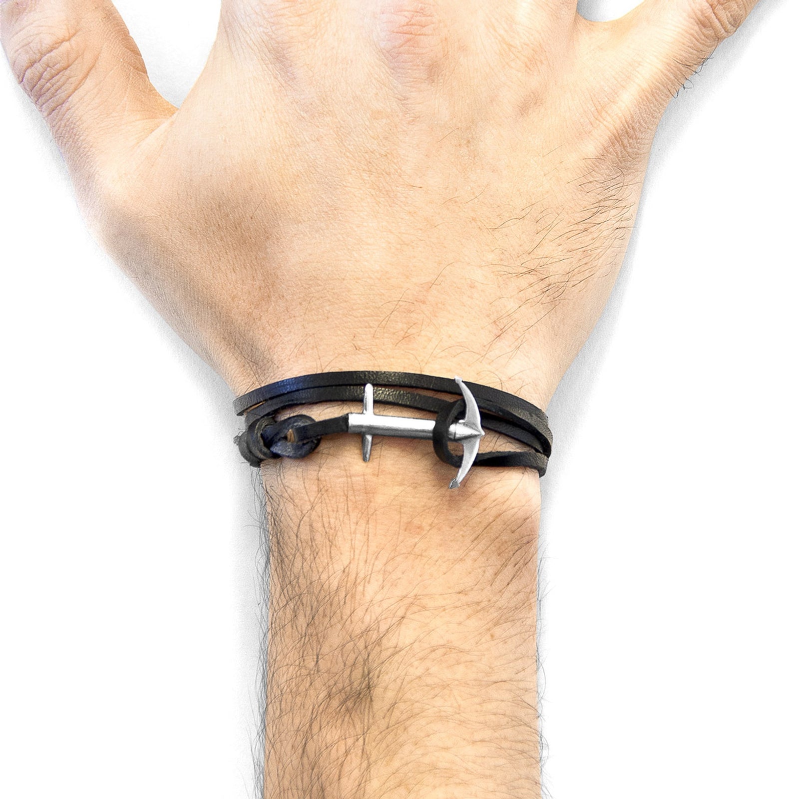 Admiral Anchor Silberarmband aus flachem Leder – Kohlschwarz – Produktansicht 3