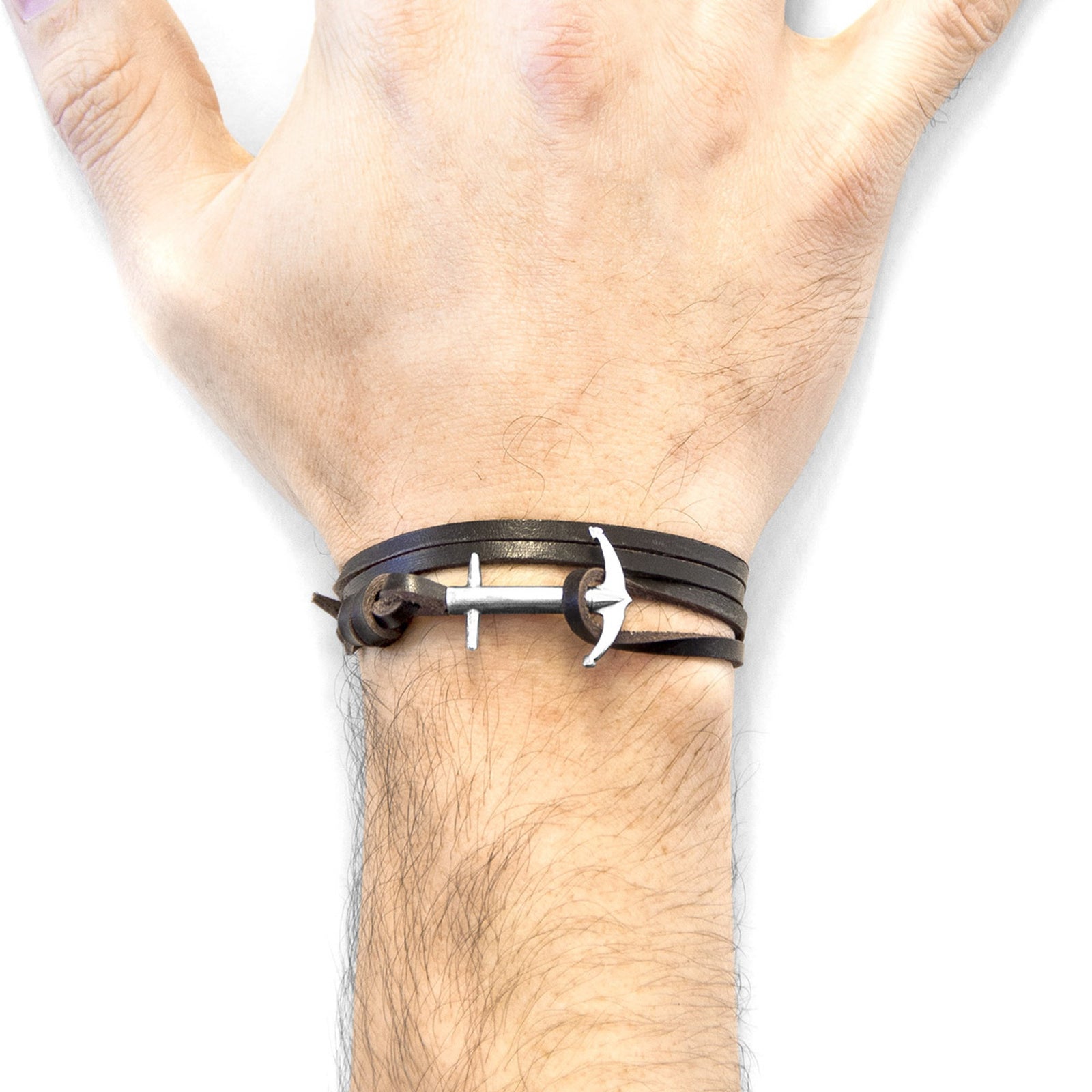 Admiral Anchor Silberarmband aus flachem Leder – Dunkelbraun – Produktansicht 2