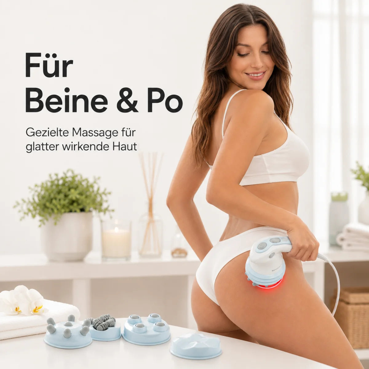 - Frau nutzt das 5-in-1 Anti-Cellulite Massagegerät
- Sichtbare Infrarotwärme durch rotes Licht
- Mehrere Massageaufsätze vorhanden
- Hintergrund zeigt eine gemütliche Heimumgebung
