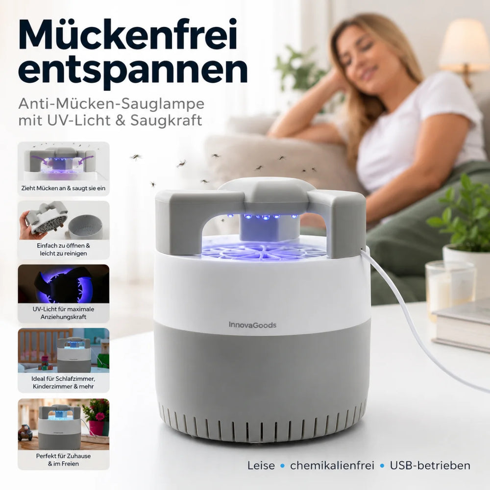 - Anti-Mücken-Sauglampe mit UV-Licht
- 6 UV-LEDs zur Anziehung von Insekten
- Integrierter Ventilator zum Einsaugen
- Chemiefrei und geruchsneutral
- Leiser Betrieb, ideal für Schlafräume
- USB-Betrieb für flexible Nutzung
- Kompaktes, leichtes Design
- Einfach zu reinigender Auffangbehälter
- Kleine Reinigungsbürste enthalten

Farbe: Kompakt und modern gestaltet.