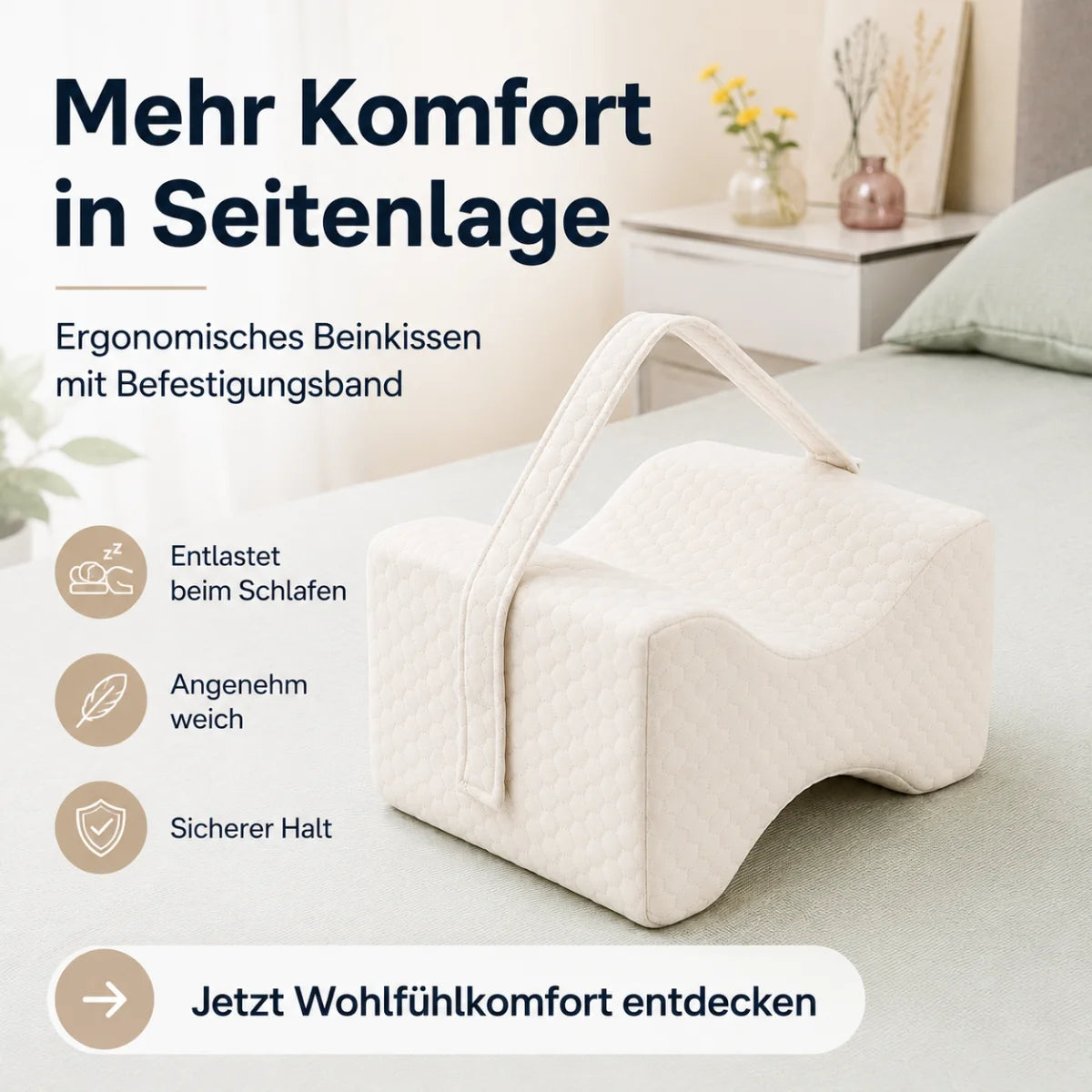 - Ergonomisches Beinkissen
- Integriertes Befestigungsband
- Helle, strukturierte Oberfläche
- Griffschlaufe für einfache Handhabung
