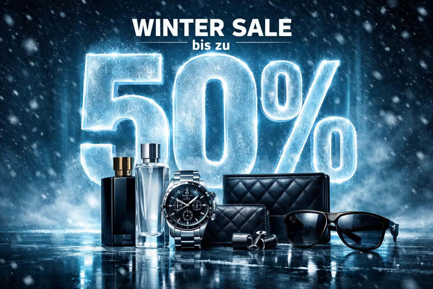 Winter Sale Banner mit ausgewählten Produkten und auffälligem Hinweis auf bis zu 50 % Rabatt