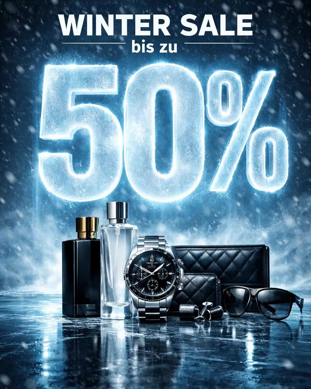 Winter Sale Banner mit ausgewählten Produkten und auffälligem Hinweis auf bis zu 50 % Rabatt