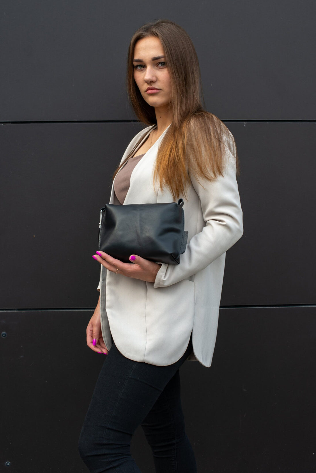 Leder-Kosmetiktasche – Schwarz – Medium – Detailansicht 1