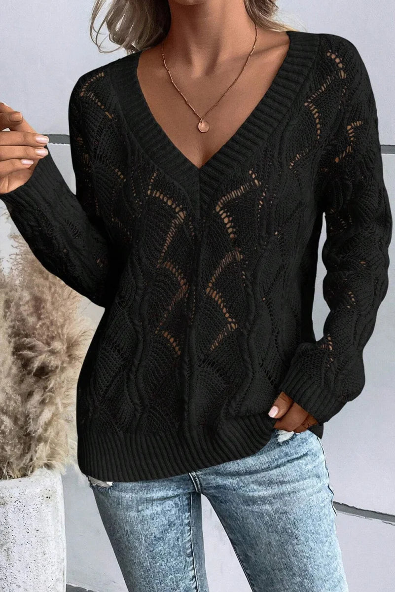 Schwarzer Damen Lochstrickpullover mit V-Ausschnitt – Detailansicht 2