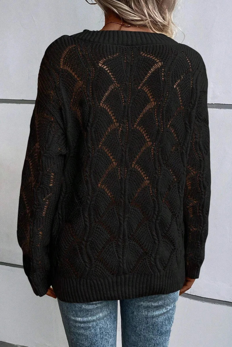 Schwarzer Damen Lochstrickpullover mit V-Ausschnitt – Produktansicht 2