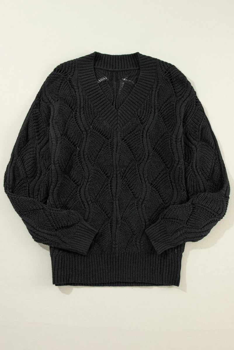 Schwarzer Damen Lochstrickpullover mit V-Ausschnitt – Produktansicht 5