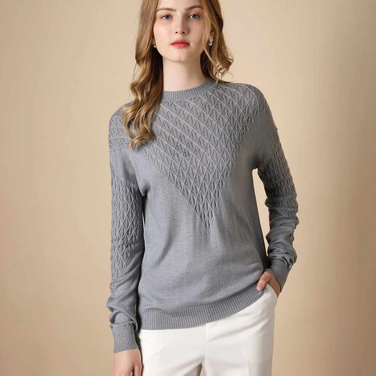 Damen Lochstrickpullover mit Stehkragen – ausgewählte Produktansicht