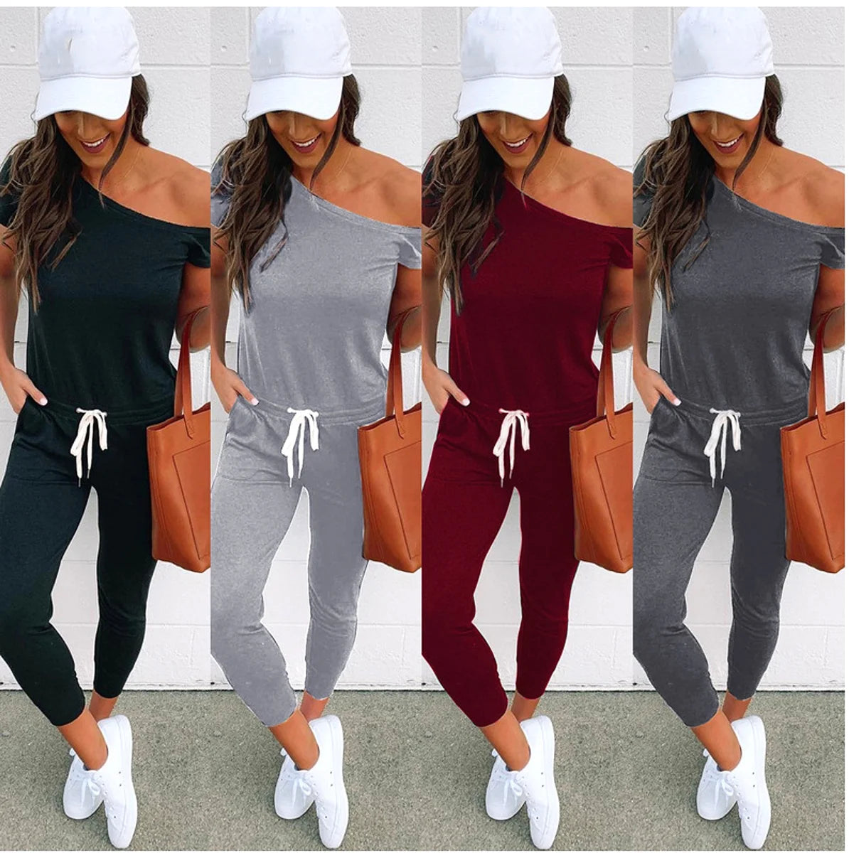 Damen Off-Shoulder Jumpsuit mit Taschen