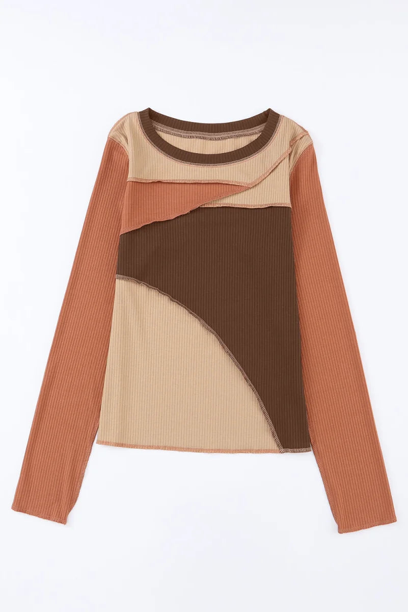Damen Rippstrick-Top Braun mit Colorblock – Detailansicht 5
