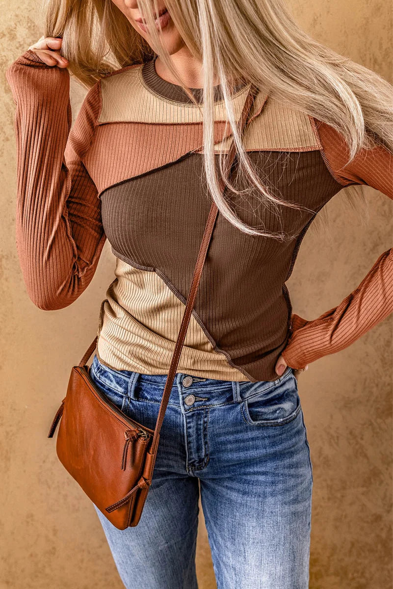 Damen Rippstrick-Top Braun mit Colorblock – Detailansicht 2