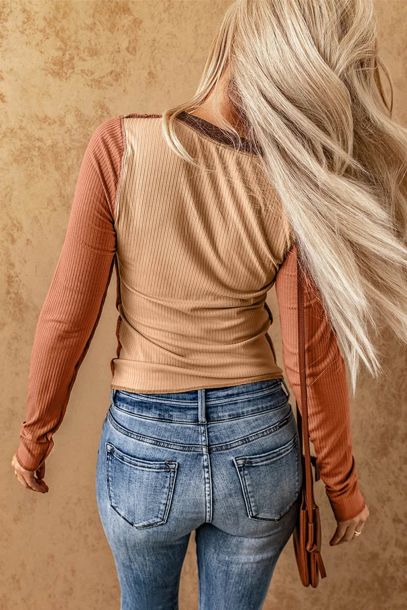 Damen Rippstrick-Top Braun mit Colorblock – Produktansicht 3