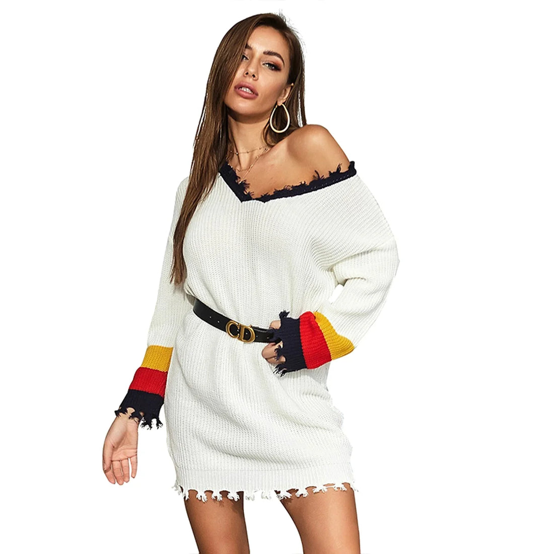 Damen schulterfreies Strickkleid – Detailansicht 4