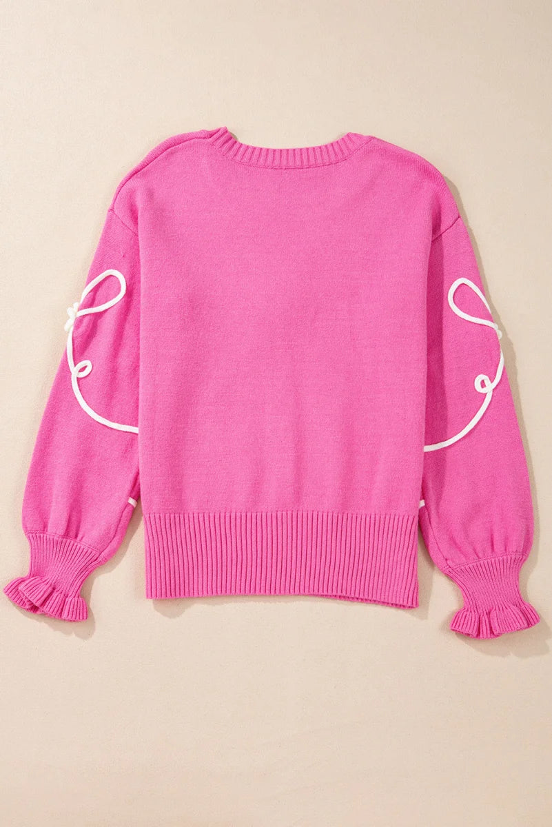 Damen Strickpullover Pink mit Blumen-Schleife – Detailansicht 5