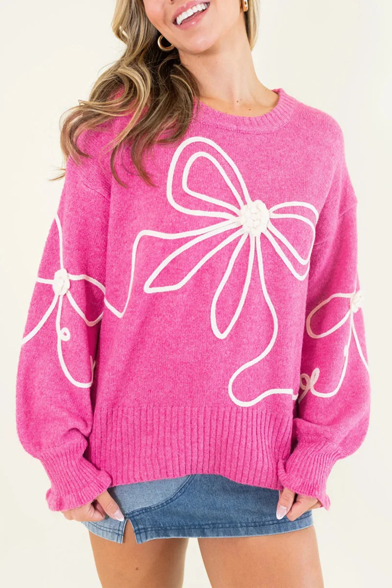 Damen Strickpullover Pink mit Blumen-Schleife